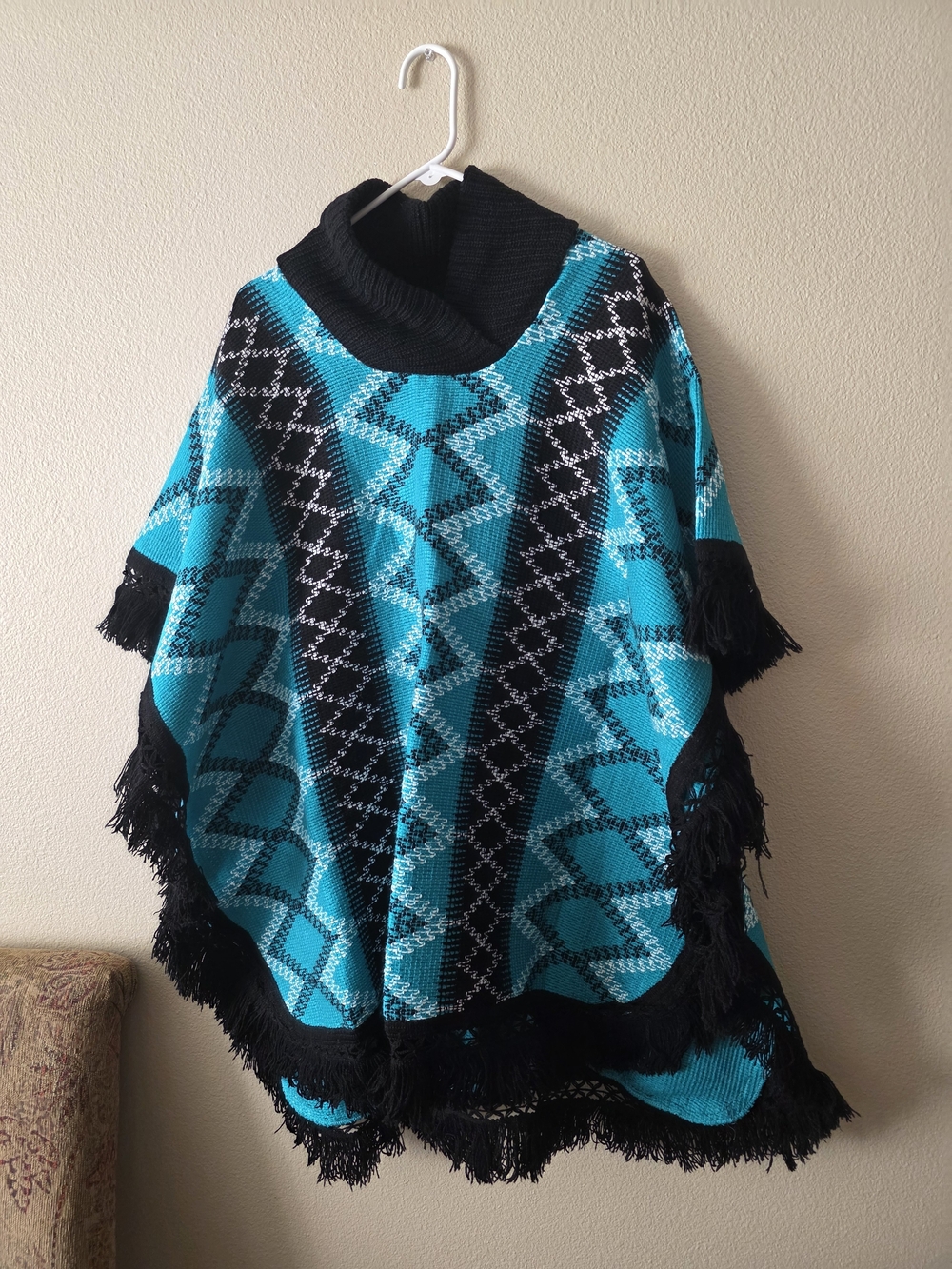Source Unknown Turquoise and Black Geometric Fringe Poncho Sweater